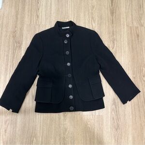 Akris Punto Cropped Band Collar Black Wool Suit Jacket  Blazer Button Up